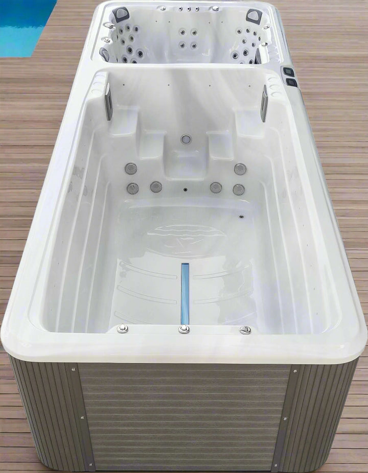 Sensation Euphoria 5.9m Pro Swim Spa overview with jets and seating arrangement.