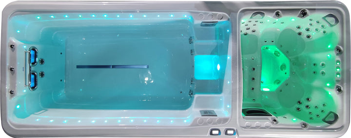 Sensation Euphoria 5.9m Pro Swim Spa with LED lights and jets, top view.