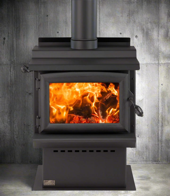 freestanding wood burner with modern pedestal and 4.2m flue system
