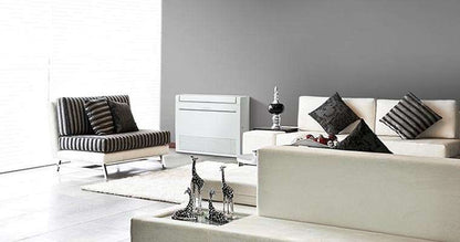 Mitsubishi RapidHeat MFZ-KW42VG 5.4kw floor console heat pump in modern living room.
