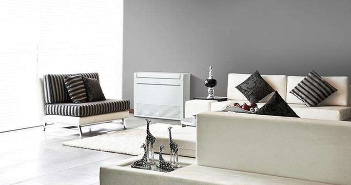 Mitsubishi RapidHeat MFZ-KW42VG 5.4kw floor console heat pump in modern living room.