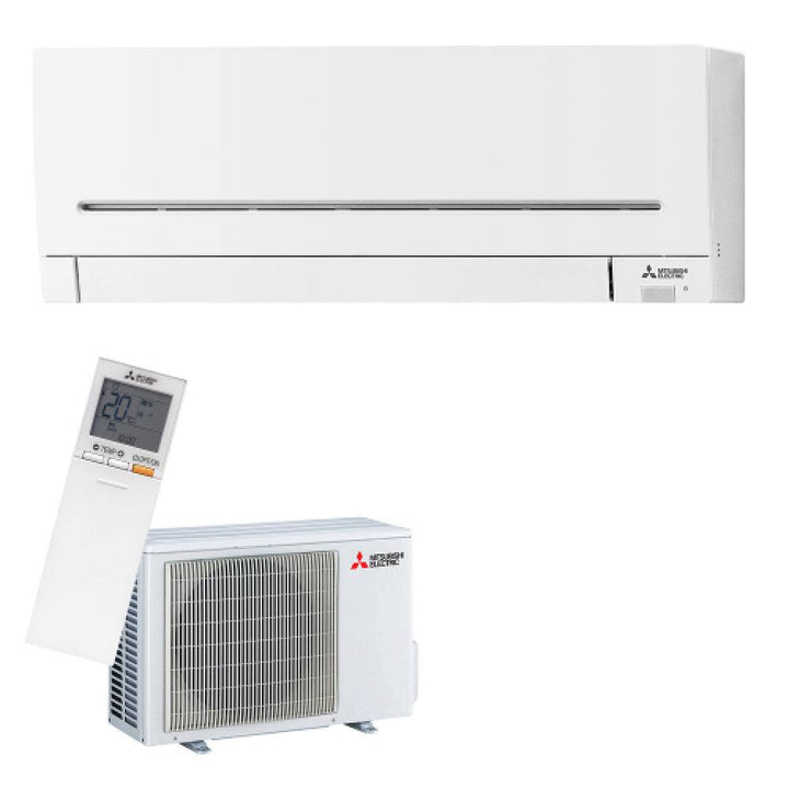 Mitsubishi MSZ-AP35VGD heat pump with remote, indoor and outdoor units.