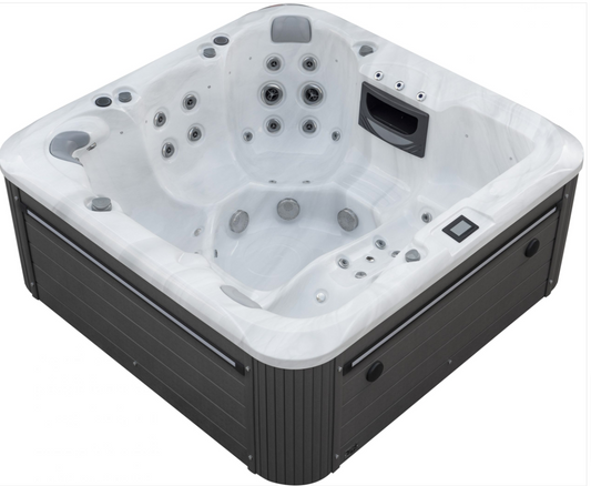 6 person spa pool with adjustable jets, LED lighting, and modern design.