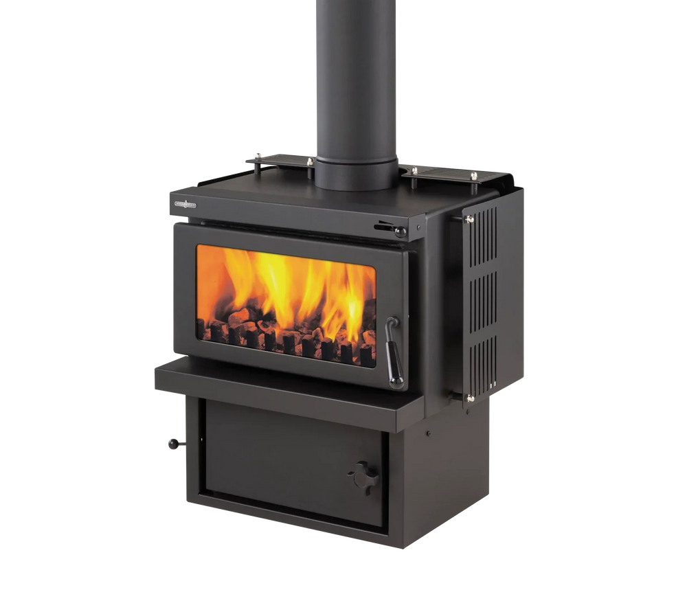 Woodsman RMF Multi-Fuel Fire with Wetback and 4.2m Heatsaver Flue System displaying radiant flames.