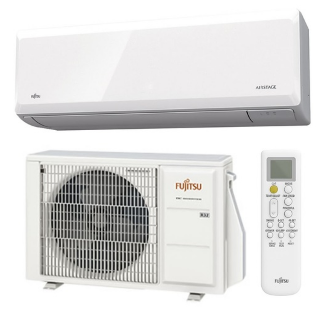 Fujitsu ASTH12KNCA 4.0 KW reverse cycle split system air conditioner with remote, featuring wall-mounted indoor and outdoor units.