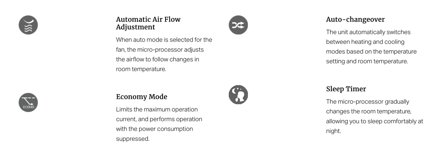 Fujitsu air conditioner features: automatic air flow adjustment, auto-changeover, economy mode, sleep timer.