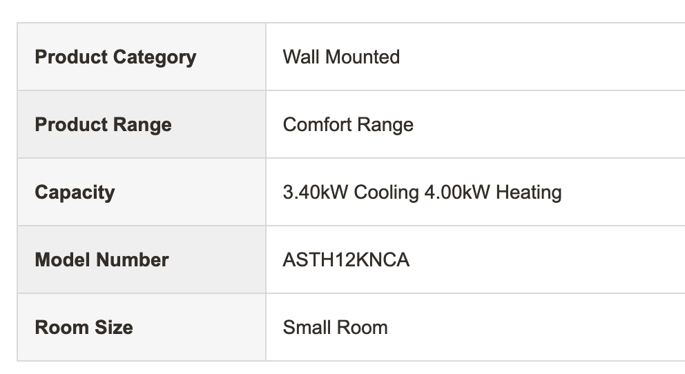 Fujitsu ASTH12KNCA 4.0kW reverse cycle split system air conditioner specs.