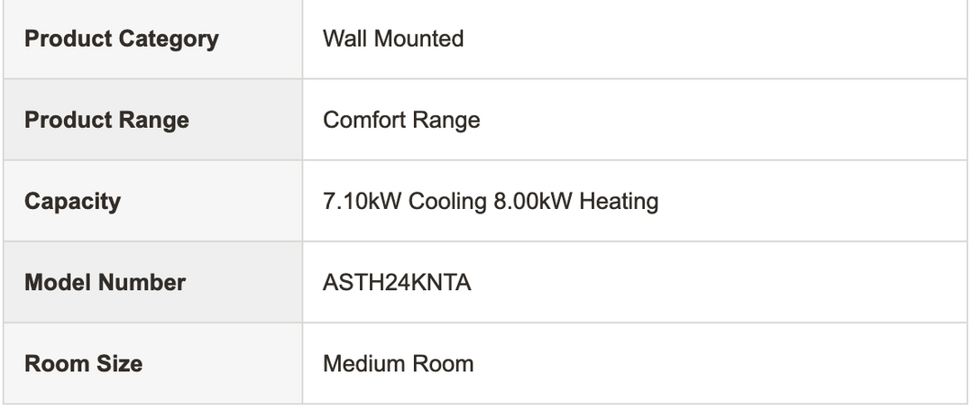 FUJITSU ASTH24KNTA 8KW wall-mounted air conditioner/heat pump for medium rooms, Comfort Range, energy-efficient climate control.