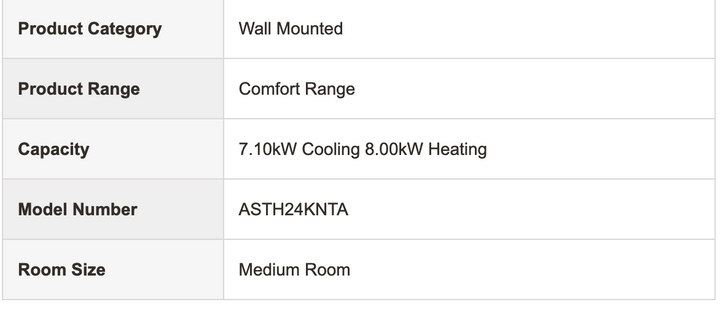 FUJITSU ASTH24KNTA 8KW wall-mounted air conditioner/heat pump for medium rooms, Comfort Range, energy-efficient climate control.