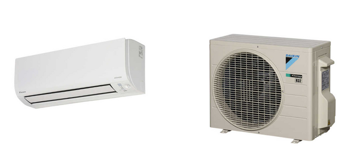 Daikin Cora FTXV25UVMA heat pump and air conditioner with white indoor and outdoor units.