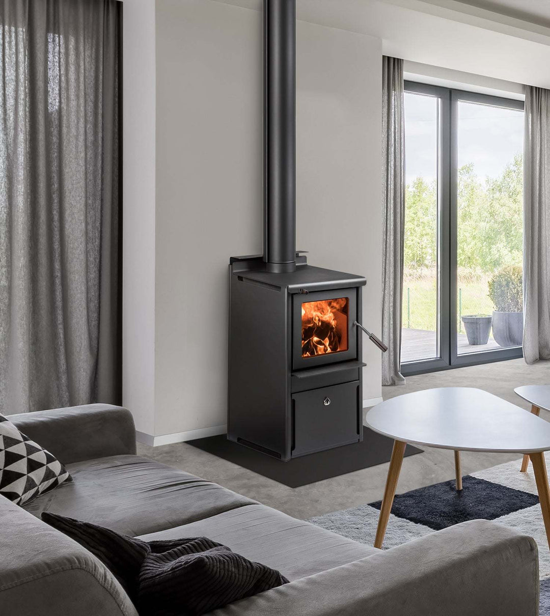 Woodsman Serene Drawer Base fireplace with 4.2m Heatsaver Flue System in modern living room.