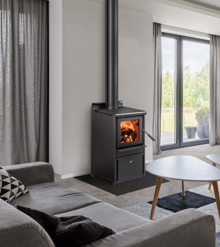 Woodsman Serene Drawer Base fireplace with 4.2m Heatsaver Flue System in modern living room.