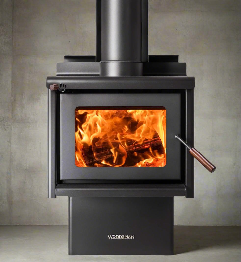 Woodsman Kanaku ULEB pedestal woodburner with 4.2m Heatsaver flue system, featuring a modern design and efficient heating.