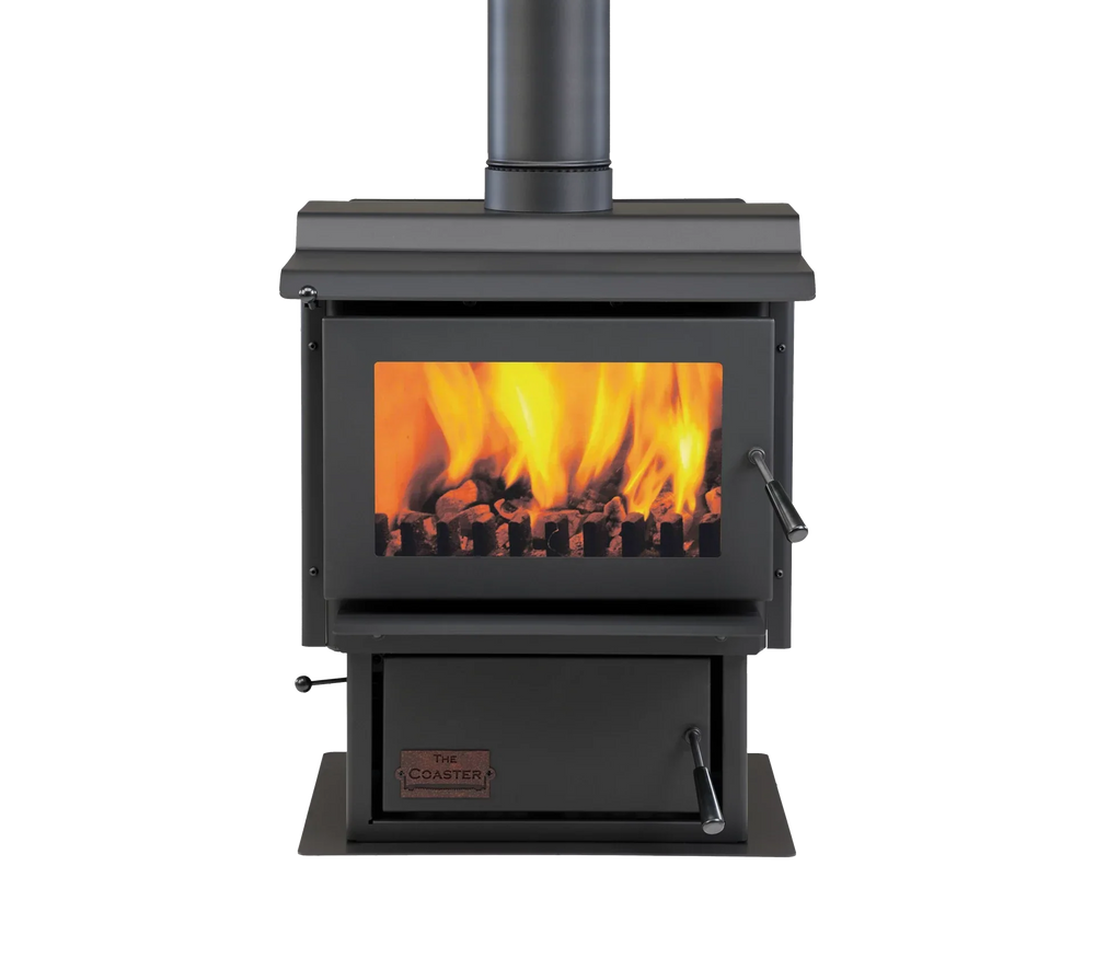 Woodsman Coaster Multi-Fuel Fire with 4.2m Heatsaver Flue System, burning wood and coal.