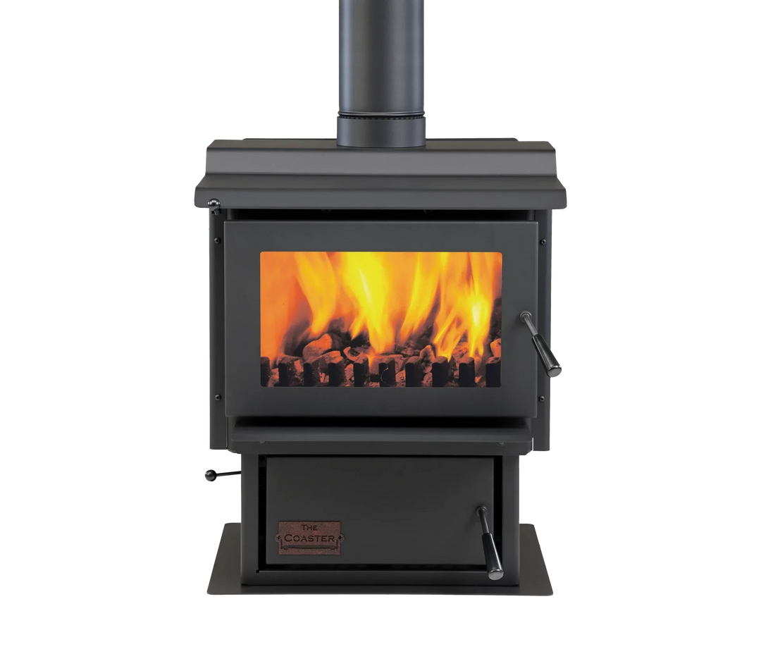 Woodsman Coaster Multi-Fuel Fire with 4.2m Heatsaver Flue System, burning wood and coal.