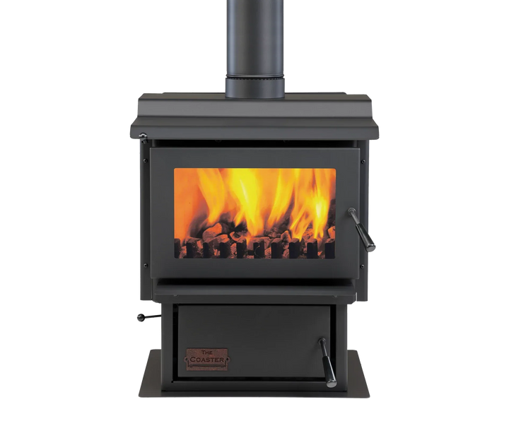 Woodsman Coaster Multi-Fuel Fire with 4.2m Heatsaver Flue System, burning wood and coal.