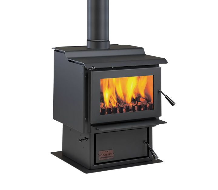Woodsman Coaster multi-fuel fire with 4.2m heatsaver flue system.