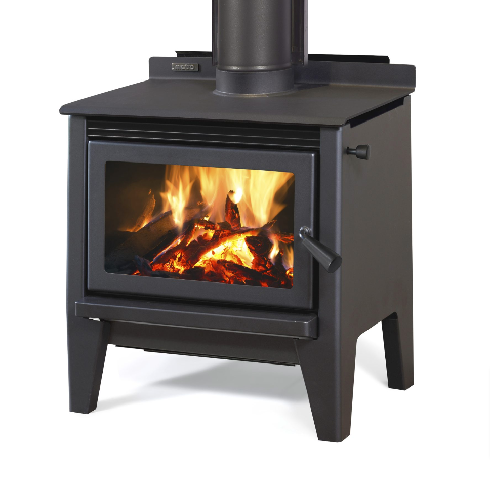 Ultra Wee Rad wood burner with freestanding flue system, metallic black.