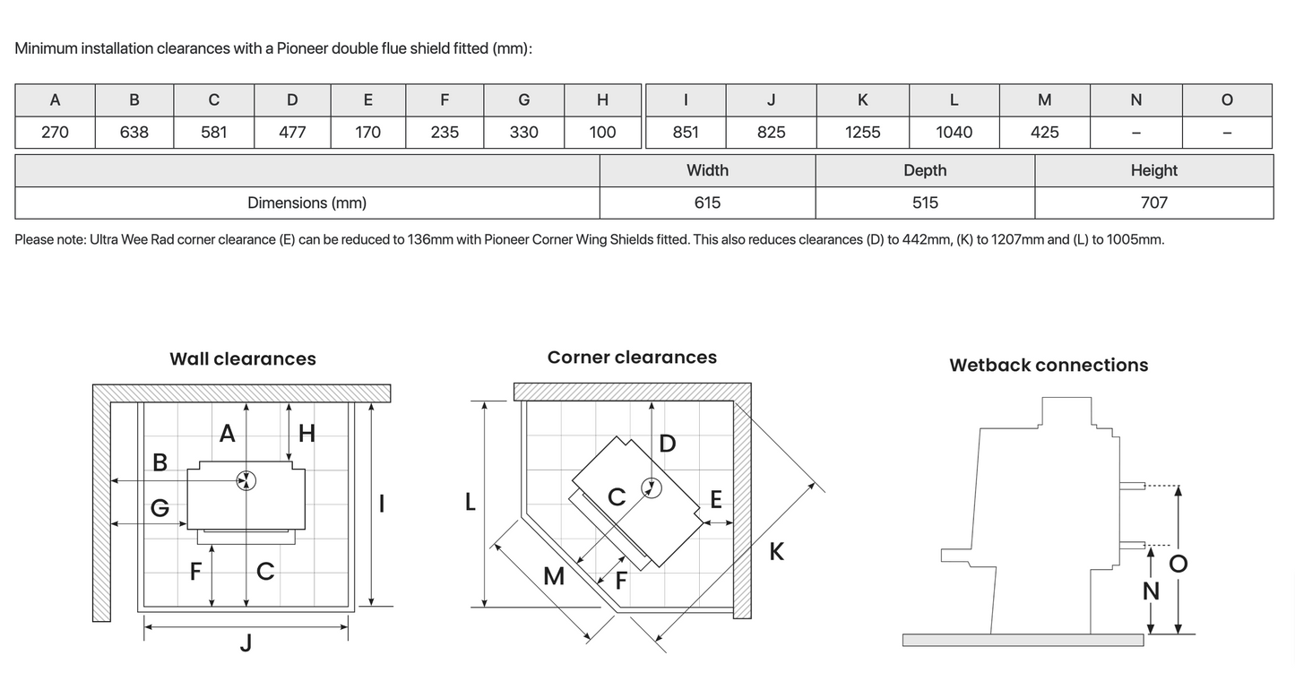 Installation clearances and dimensions for Metro Ultra Wee Rad & 4.2m Freestanding Flue System.