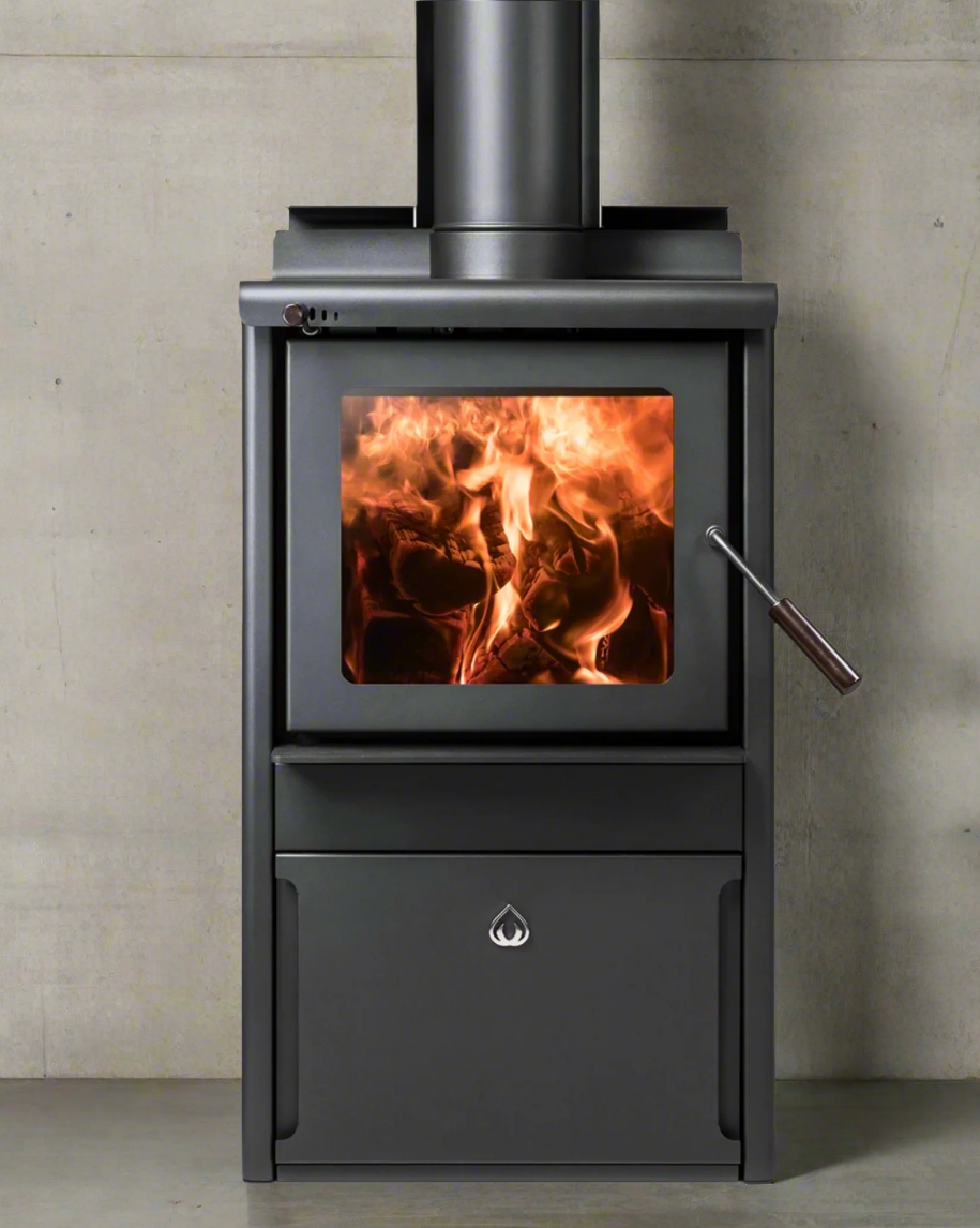 Woodsman Serene Drawer Base with 4.2m Heatsaver Flue System, sleek fireplace design with storage drawer, New Zealand crafted.