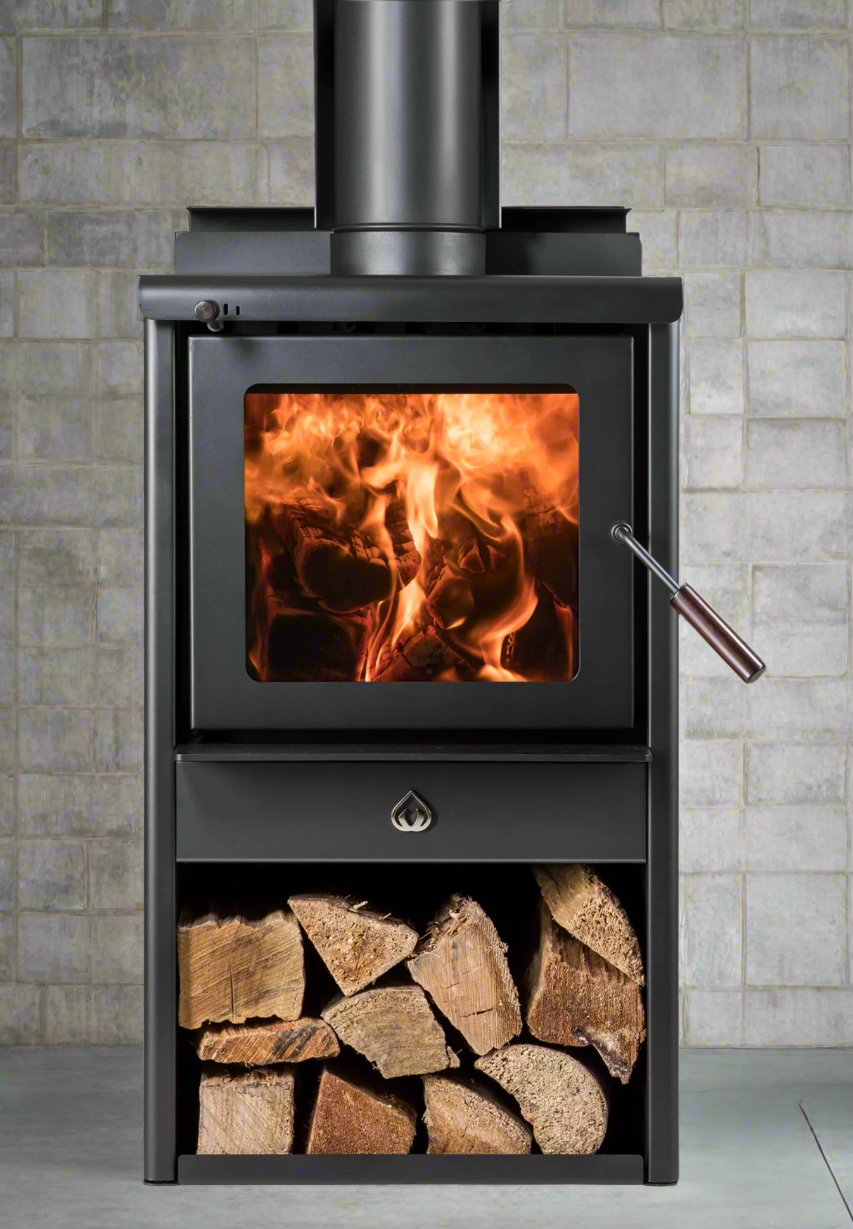 Woodsman Serene Petite ULEB fireplace with 4.2m Heatsaver Flue System for efficient home heating.