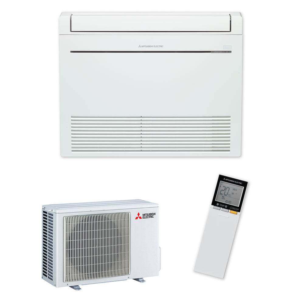 Mitsubishi RapidHeat MFZ-KW42VG 5.4kW floor console heat pump with remote control and outdoor unit.