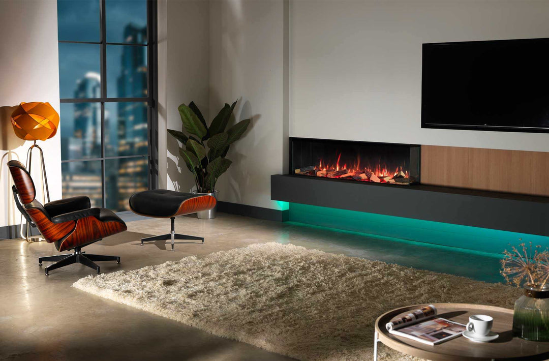 RINNAI ES 1500 Electric Fire with sleek design and realistic flames in modern living room.