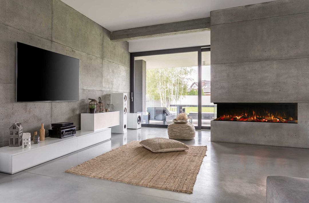 Modern living room with RINNAI ES 1800 Electric Fire, featuring realistic flames and sleek design.