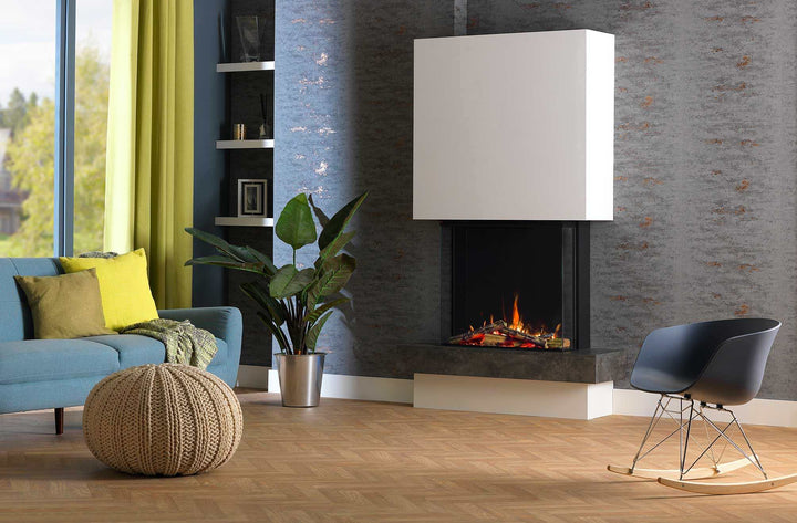 RINNAI ES 750 electric fire in modern living room setting, featuring dynamic LED lighting and customizable flame effects.