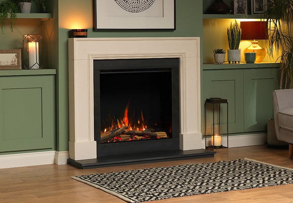 RINNAI ES 750 electric fire in a stylish room setting with realistic flame effects.