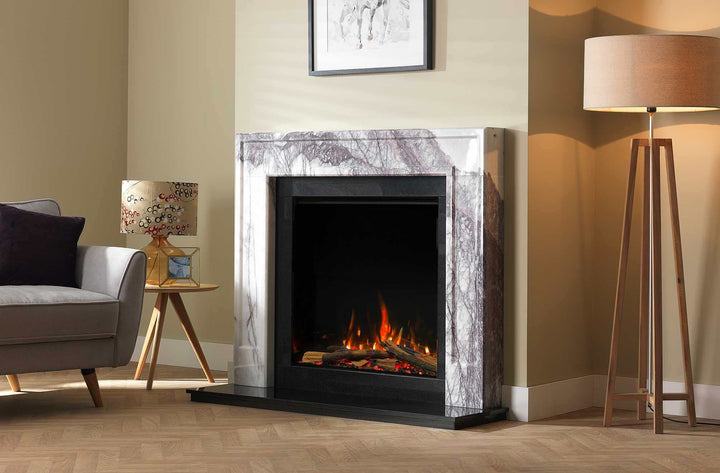 Modern living room with Rinnai ES 750 electric fire in marble fireplace.