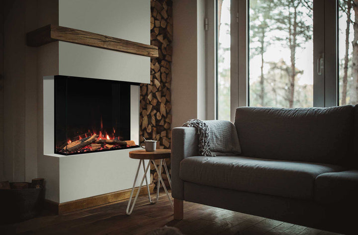 RINNAI ES 750 Electric Fire in modern living room setting with glowing fuel bed and customizable log layout.