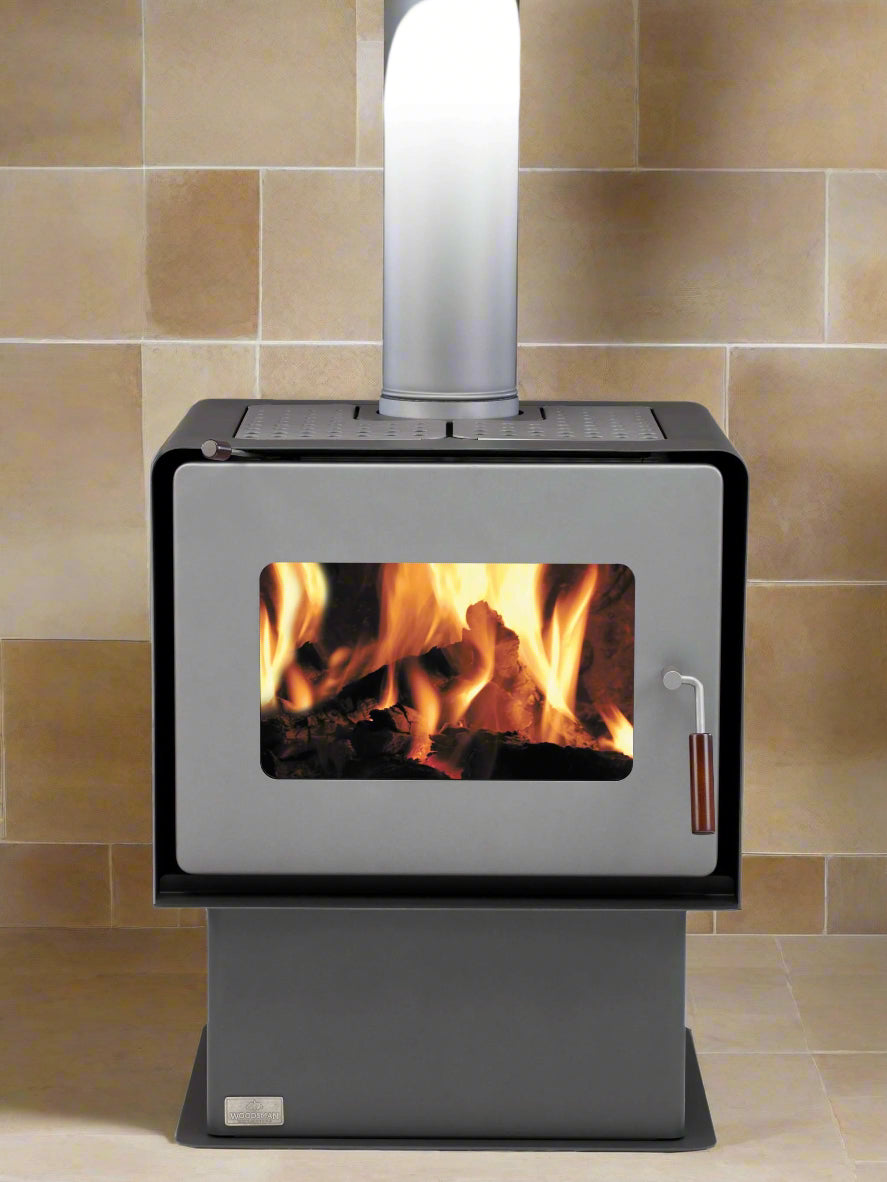 Woodsman Flare Pedestal Fire with 4.2m Heatsaver Flue, charcoal/pewter finish, low emission burner.