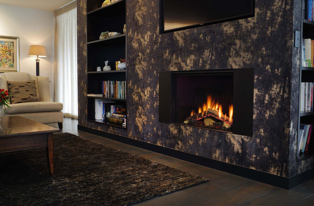 Rinnai Linear 800 single-sided fireplace with FlameTech in modern living room setting.