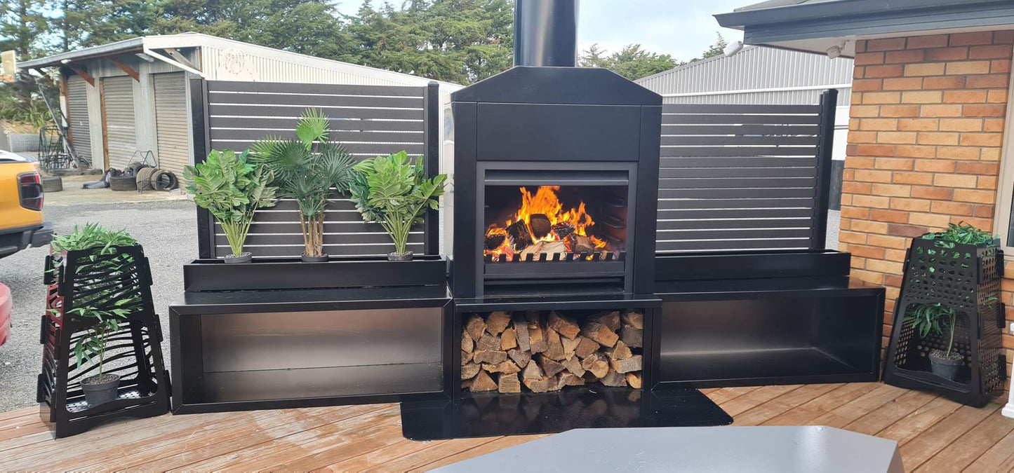Onflame 900 - Freestanding in Black Cabinet Outside Open Wood Fire & 1.5m Flue