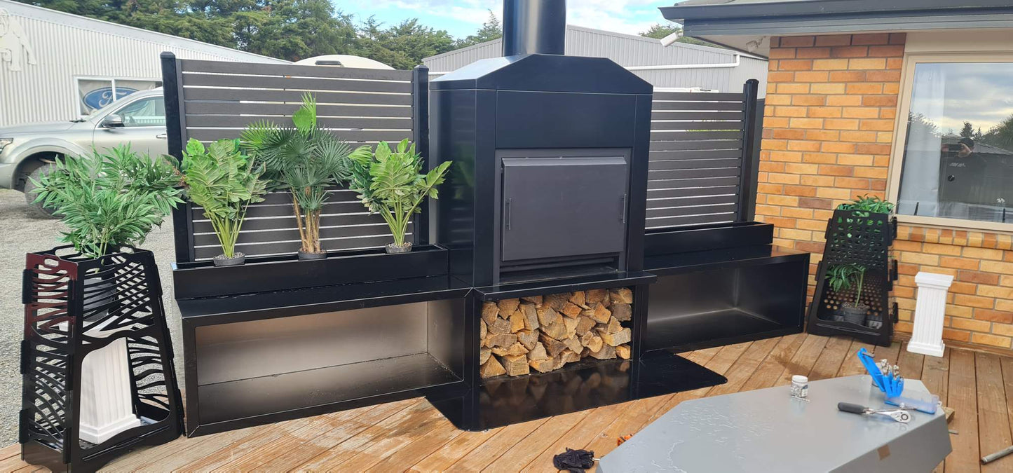 Onflame 900 - Black Freestanding Cabinet BBQ Fire + 1.5m Flue System