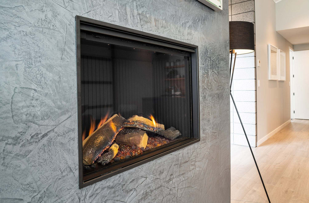 Rinnai Linear 800 single-sided gas fireplace with realistic FlameTech logs.