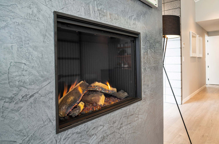 Rinnai Linear 800 single-sided gas fireplace with realistic FlameTech logs.