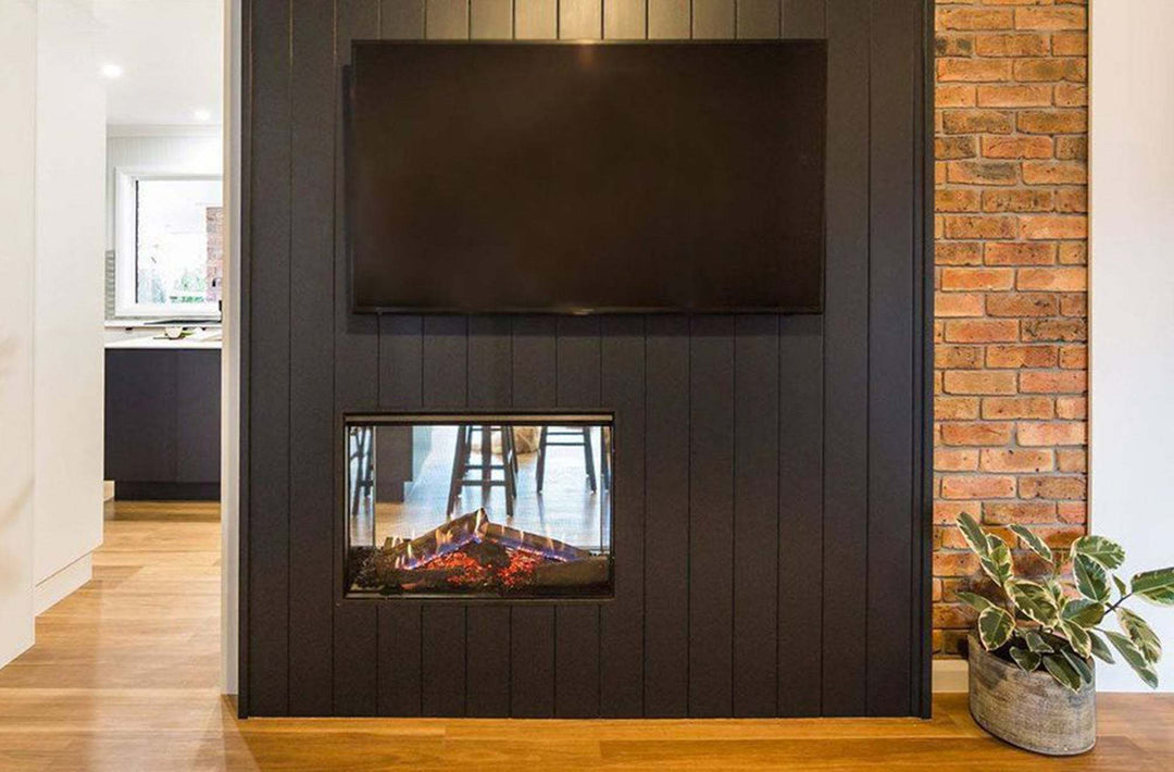 Rinnai Linear 800 double-sided fireplace with FlameTech in modern living room setting.