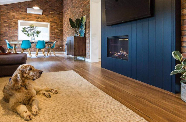 Rinnai Linear 800 single sided fireplace in modern living room setting.