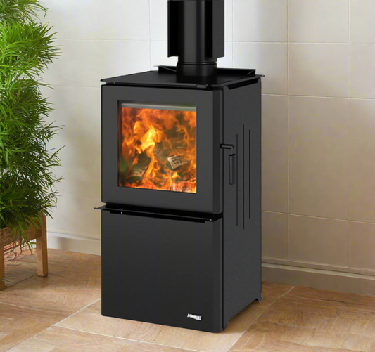 Masport Clutha wood fire with pedestal base and flue system, featuring a large viewing window and compact design.
