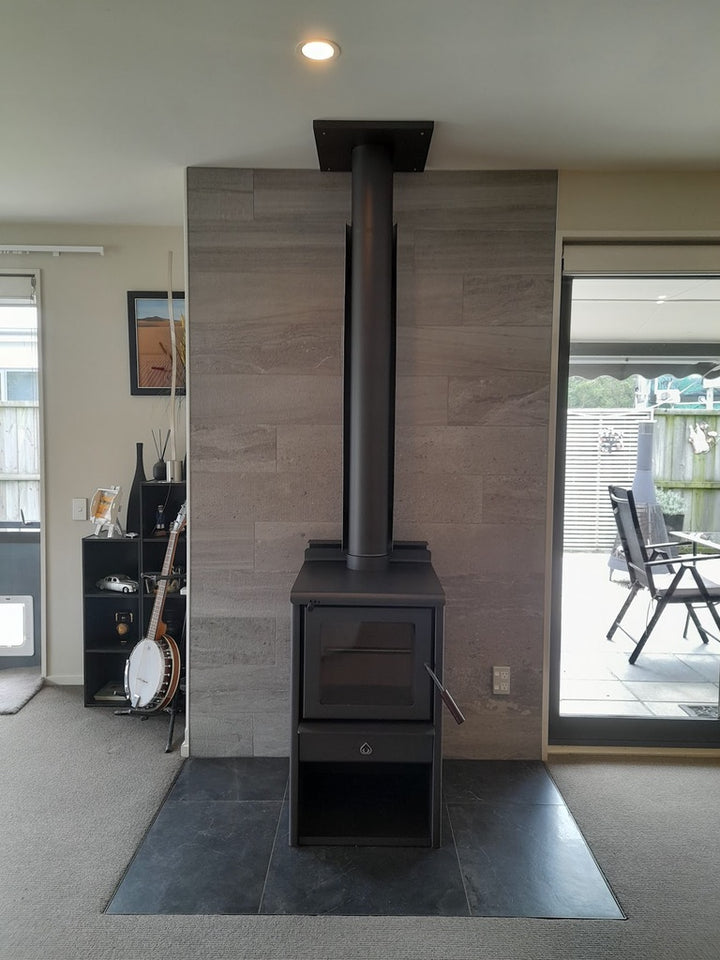 serene wood stove on hearth