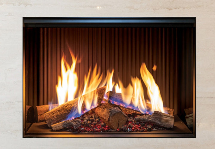 Rinnai Linear 800 single-sided fireplace with realistic FlameTech logs and bright embers.