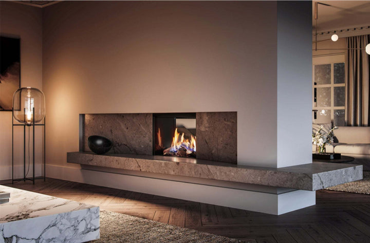 Rinnai Linear 800 double-sided gas fireplace with FlameTech through wall installation.