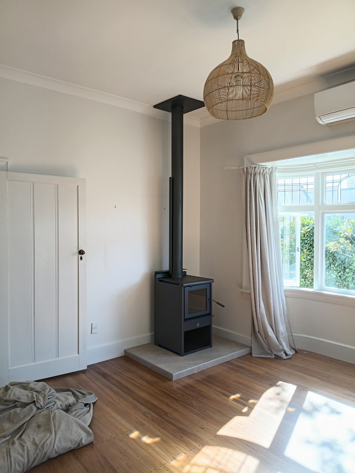 Woodsman Serene ULEB on Wood Box Base + HeatSaver Flue