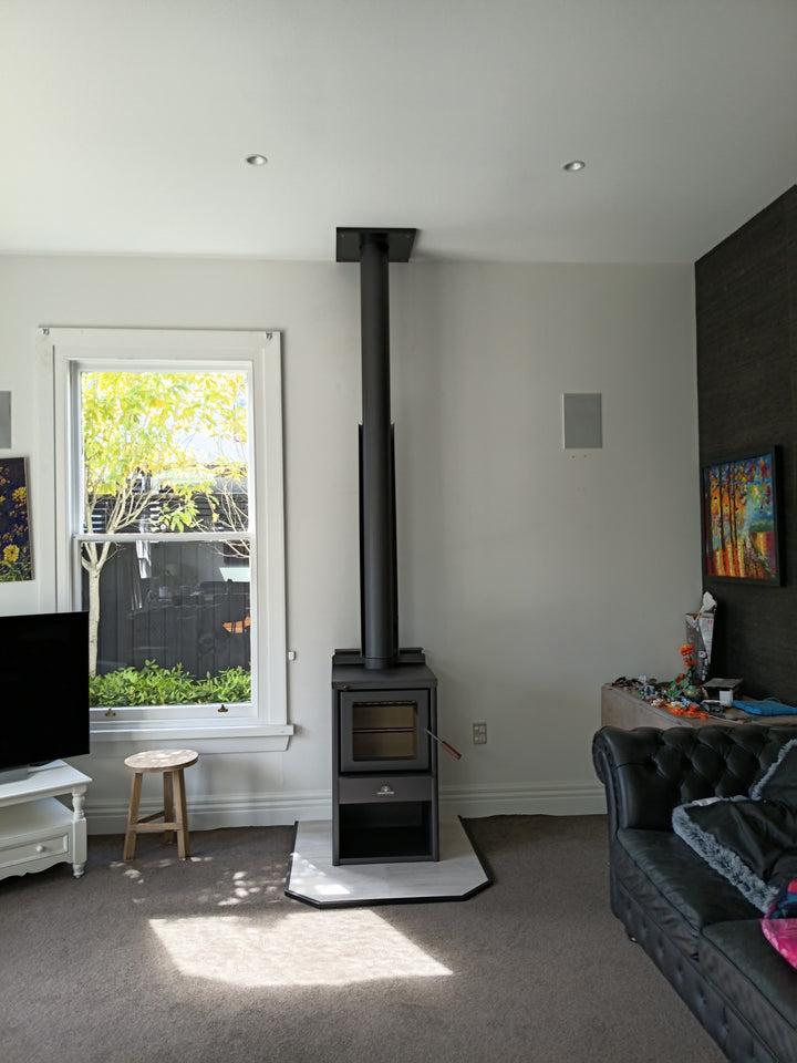Woodsman Serene ULEB on Wood Box Base + HeatSaver Flue
