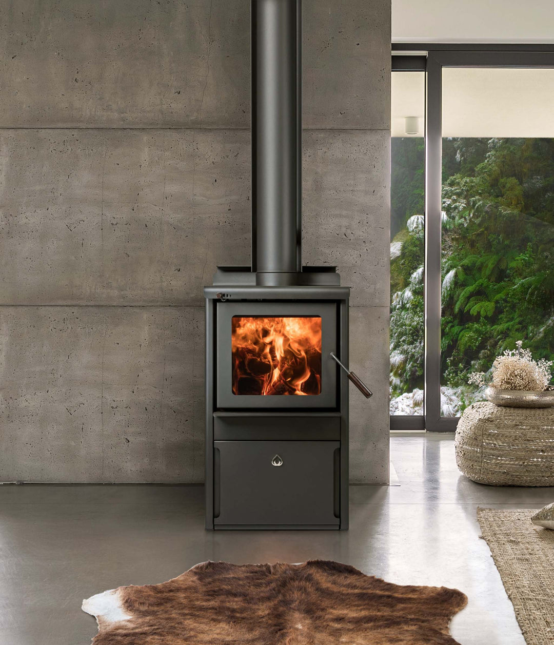 Woodsman Serene Drawer Base fireplace with 4.2m Heatsaver Flue System, featuring a sleek design and storage drawer.