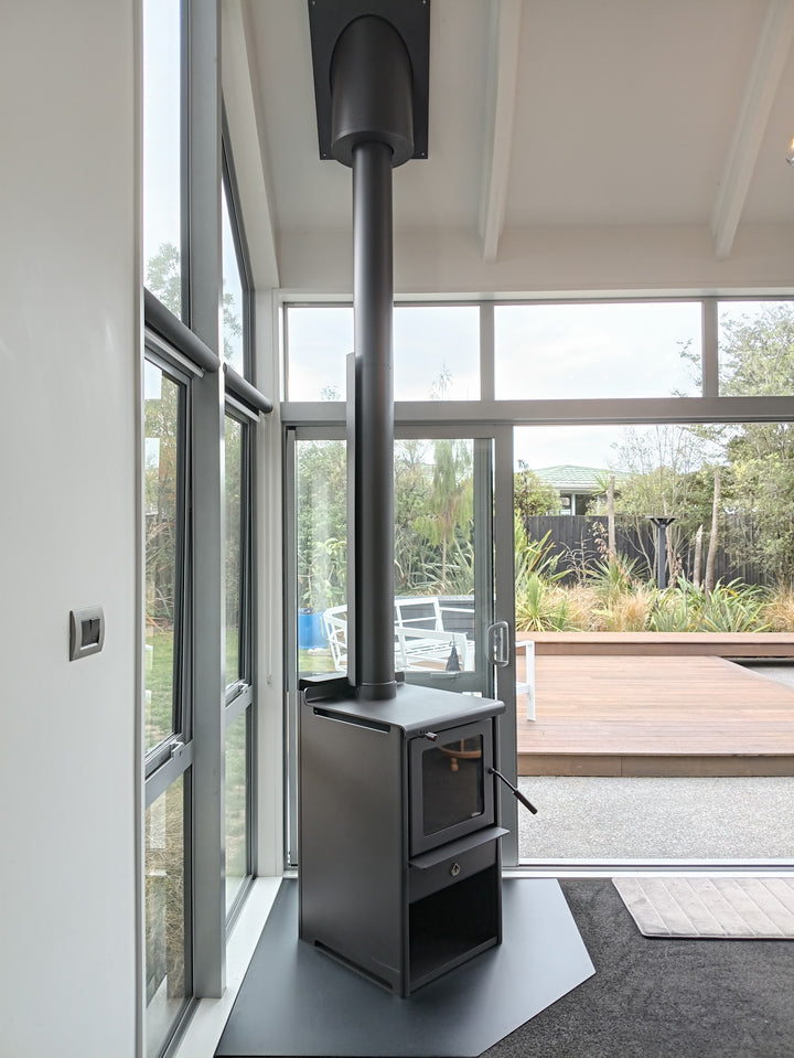 Woodsman Serene ULEB on Wood Box Base + HeatSaver Flue