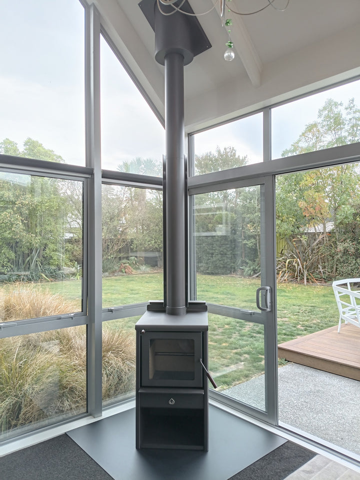 Woodsman Serene ULEB on Wood Box Base + HeatSaver Flue