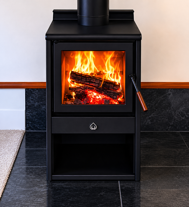Woodsman Serene ULEB on Wood Box Base with Wetback + HeatSaver Flue